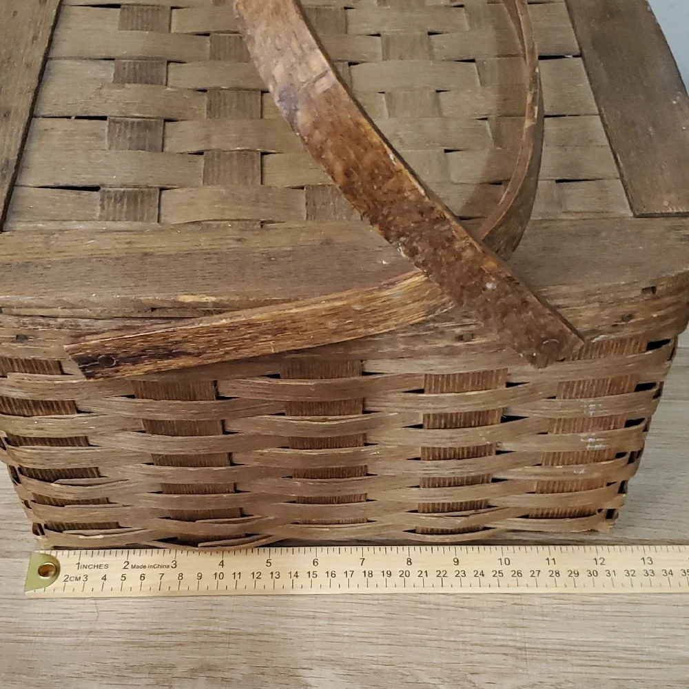 Peterboro Woven Top Wooden Picnic Basket with Handles Vintage Home Decor Antique